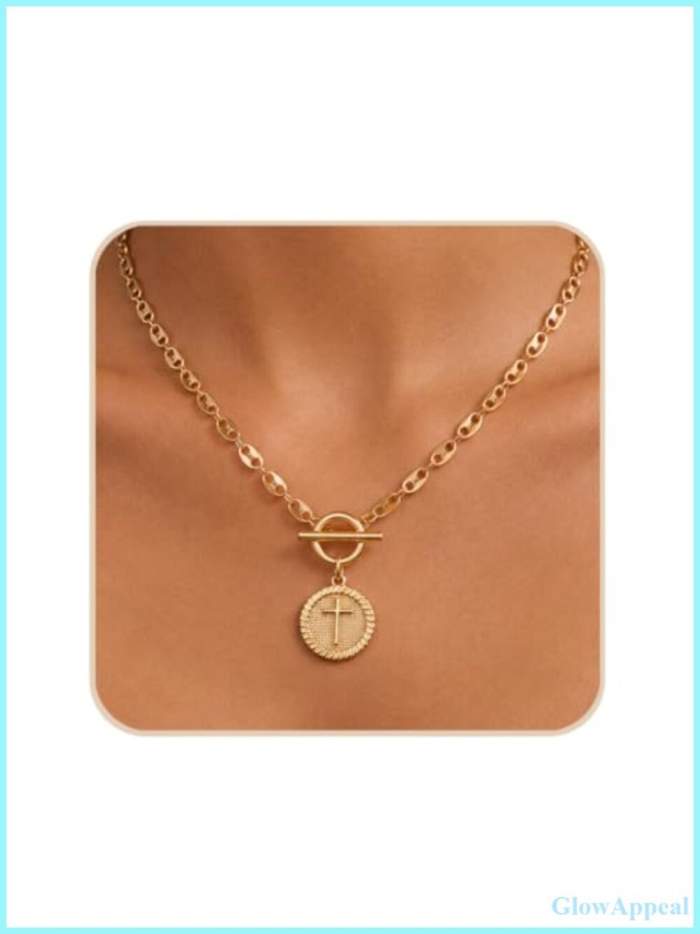 Chunky Gold Plated Cross Necklace Coffee Bean Chain Toggle Clasp